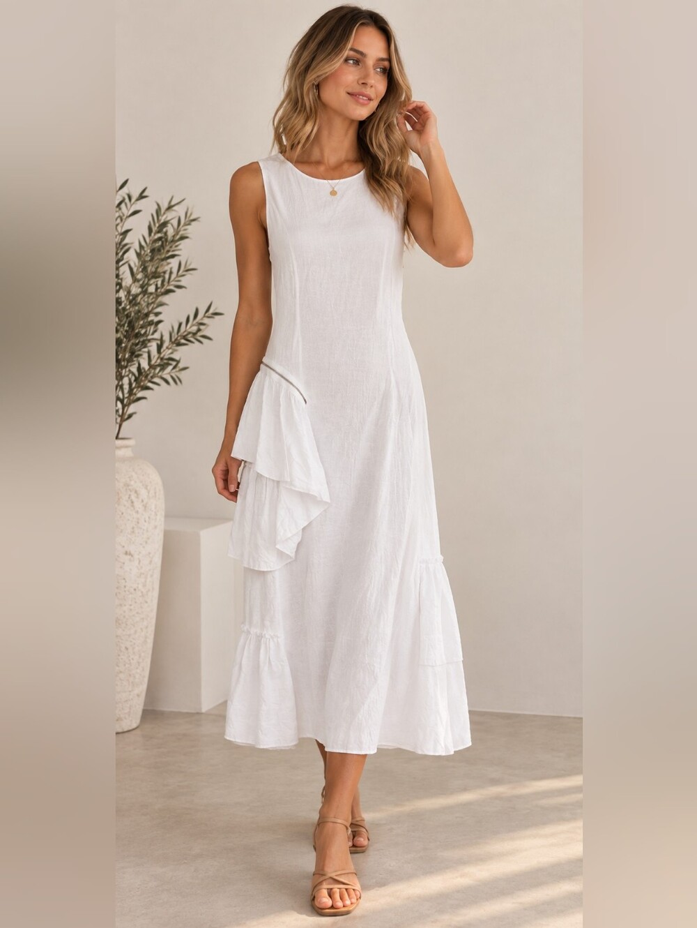Made in Italy White Ruffle Midi Dress